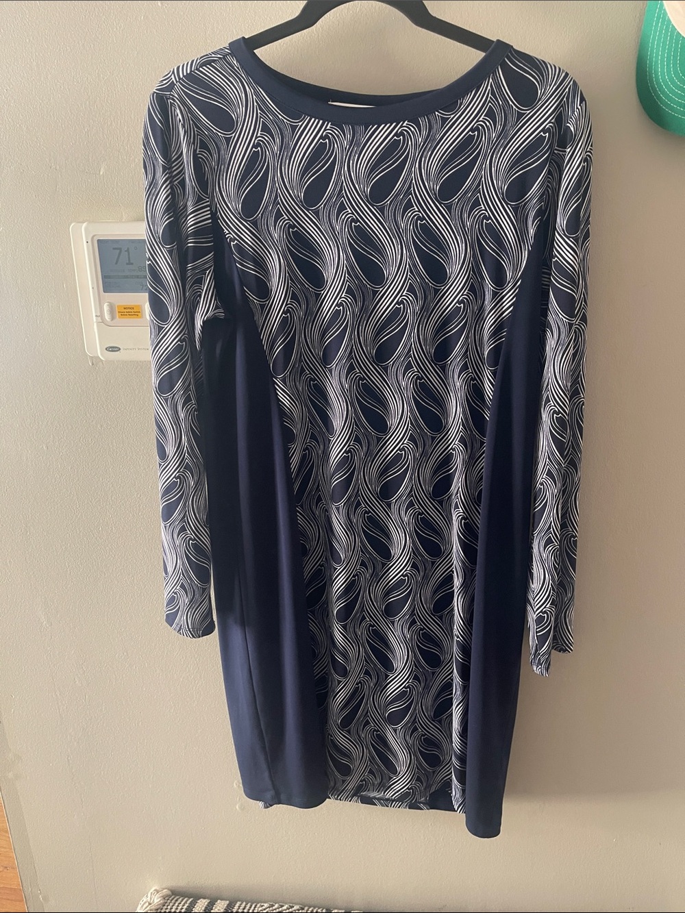 Michael Kors Navy & White Patterned Long Sleeve Women's Dress Large